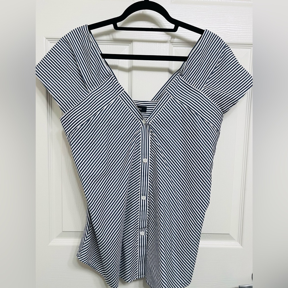 Theory Navy and White Striped Short Sleeve Shirt,Size L